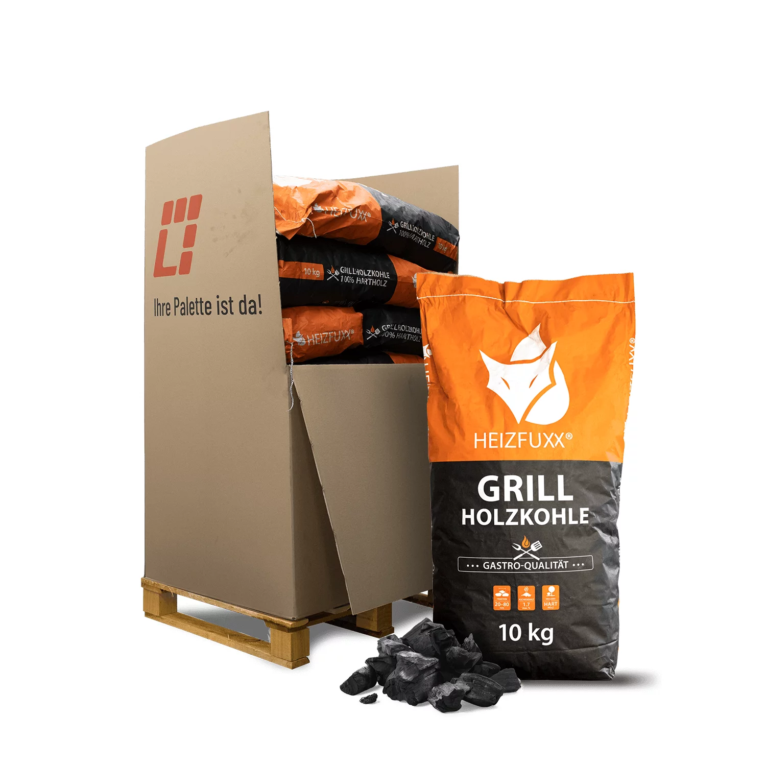 Heizfuxx Grillholzkohle 10kg x 12 Sack 120kg Palette