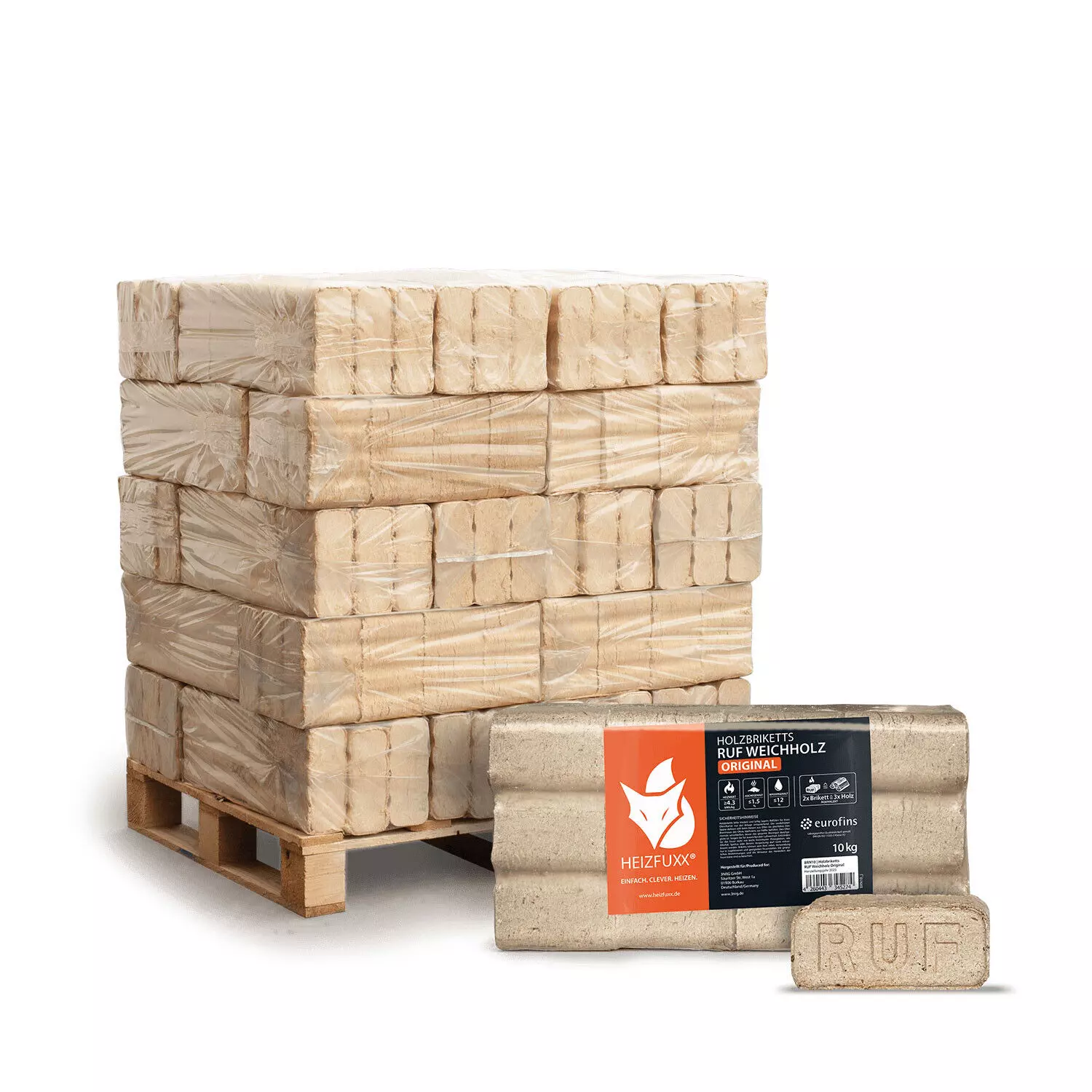 Heizfuxx Holzbriketts Weichholz Ruf Original 10kg x 30 300kg Palette