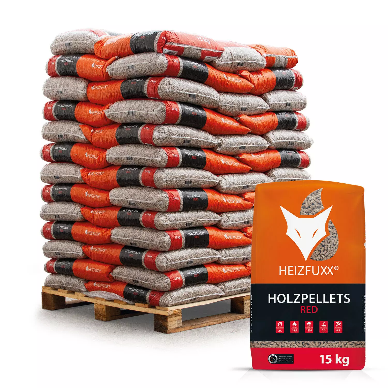 Heizfuxx Holzpellets Red 6mm 15kg x 65 Sack 975kg Palette